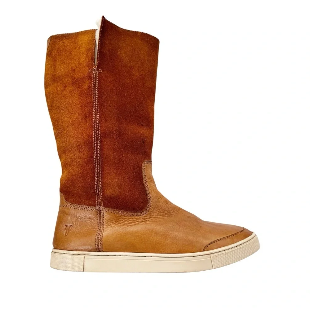 Frye Gemma Tall Shearling Boots Suede and Leather Cognac Size 8.5